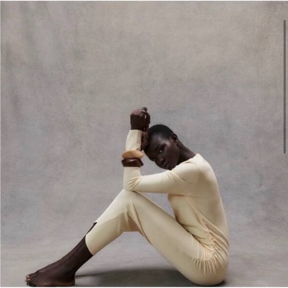 Zara Long-Sleeve Draped Knit Bodycon Midi Knee Length Dress, Cream, Size S - Picture 5 of 14